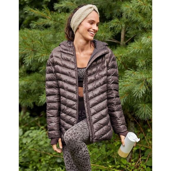 aerie OFFLINE Packable Puffer Jacket size S Brown Animal Print Hooded - Picture 1 of 16
